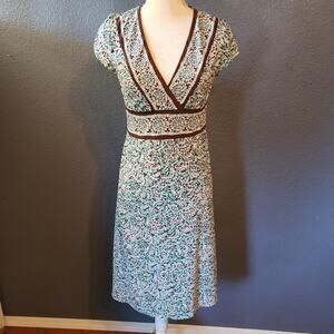 BCBGMAXAZRIA Women's Midi Brown Blue Cream V-Neck Dress Medium